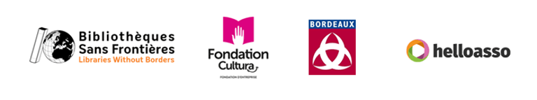 Logo de Bibliothèques sans Frontieres, de la Fondation Cultura, de la mairie de Bordeaux et de Helloasso